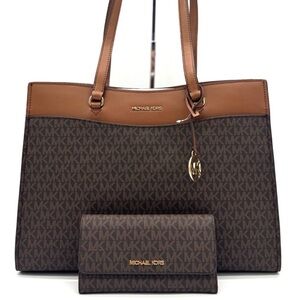 Michael Kors Jet Set Large Signature Logo Tote Bag & Trifold Wallet Matching Set